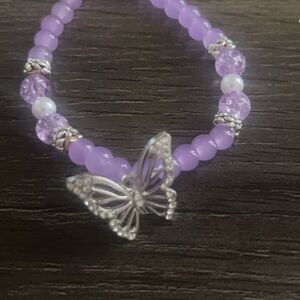 Purple Beaded Bracelet with Butterfly Charm Silver butterfly